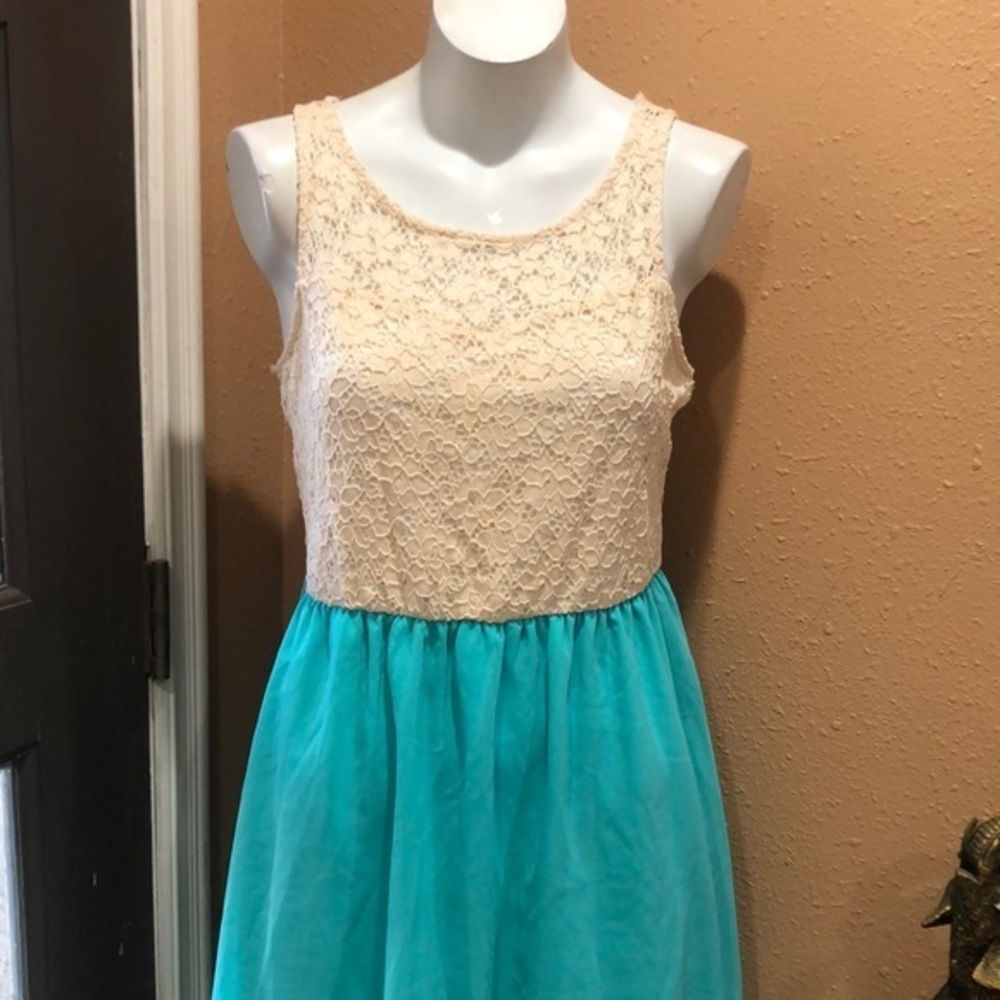 Rhapsody white lace top blue skirt dress